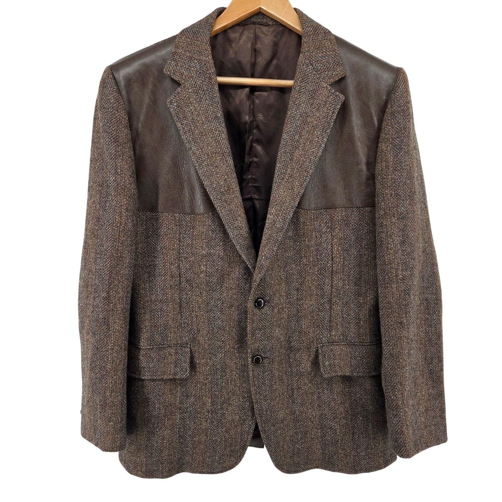 Vintage 80s Union Made Tweed & Leather Sport Coat Blazer Brown Wool USA 46R‎